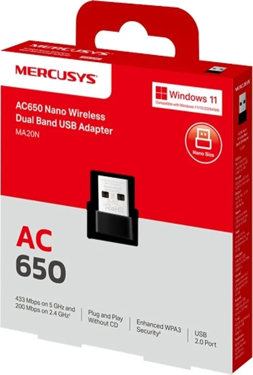 Adaptador de Red WIFI Mercusys MA20N(US) Dual Band USB