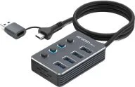HUB De 4 Puertos USB-A 3.0 Con Conmutador Marca Argom Modelo UB-0190 Conexion 2 En 1 Con USB-C Y USB-A 3.0
