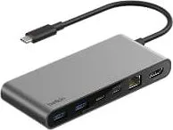 HUB USB-C Marca Belkin Modelo Connect 8-Port Ofrece Hasta 100 Watts De Potencia Con Conexion 2.5Gb Ethernet Color Gris Espacial
